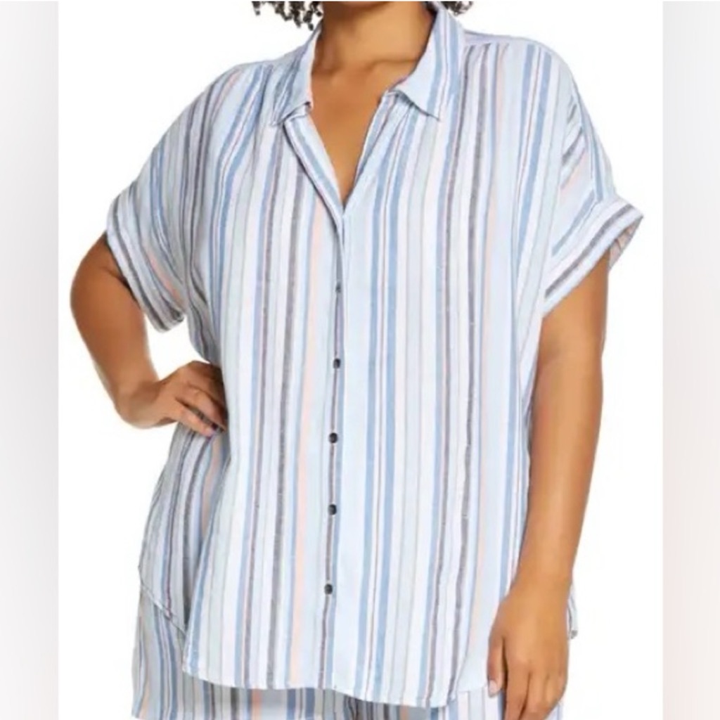 Caslon Striped Linen Blend Button Down Camp Shirt 2x